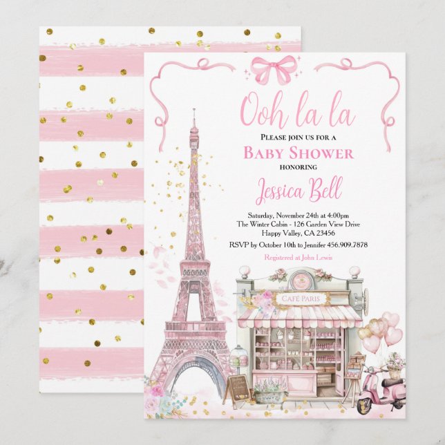 Invitación Bonjour Bebe Paris Chica Baby Shower Pink Eiffel (Anverso / Reverso)