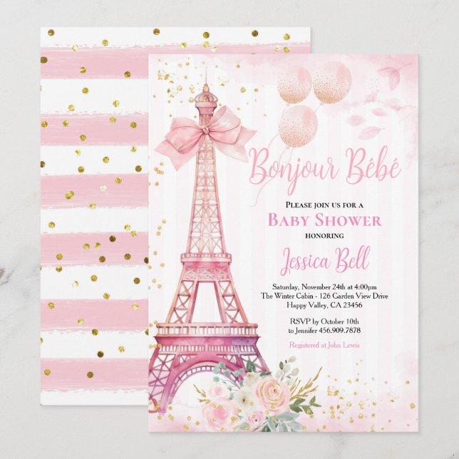 Invitación Bonjour Bebe Paris Chica Baby Shower Pink Eiffel (Anverso / Reverso)