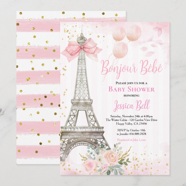 Invitación Bonjour Bebe Paris Chica Baby Shower Pink Eiffel (Anverso / Reverso)