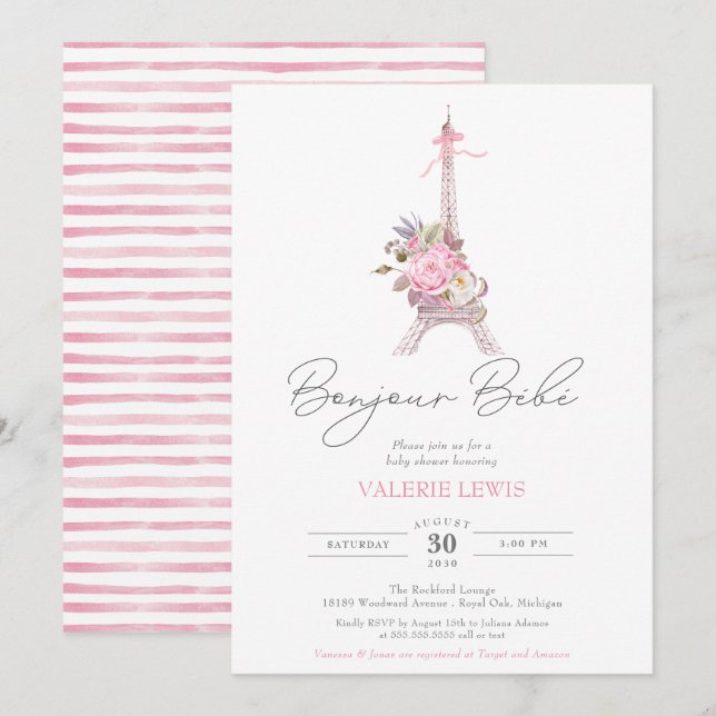 Invitación Bonjour Bebe Paris Eiffel Baby Shower Floral Rosa (Anverso / Reverso)
