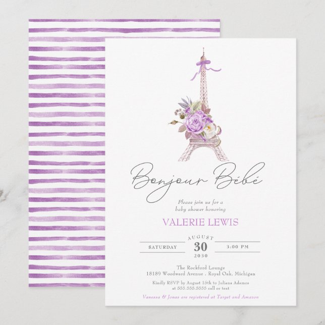 Invitación Bonjour Bebe Paris Eiffel Púrpura Ducha Floral (Anverso / Reverso)