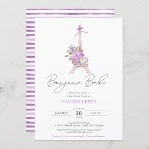 Invitación Bonjour Bebe Paris Eiffel Púrpura Ducha Floral