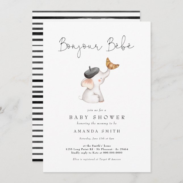 Invitación Bonjour Bebe Paris Elephant Baby Shower Inv (Anverso / Reverso)