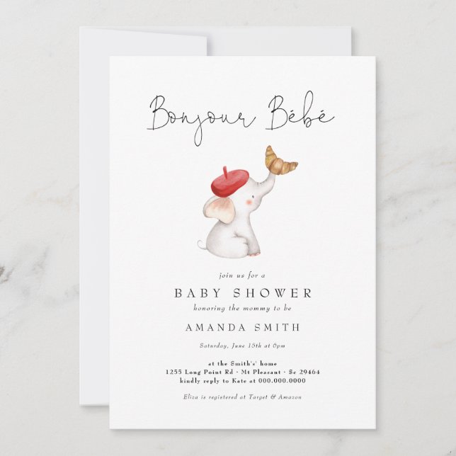 Invitación Bonjour Bebe Paris Elephant Baby Shower Red (Anverso)