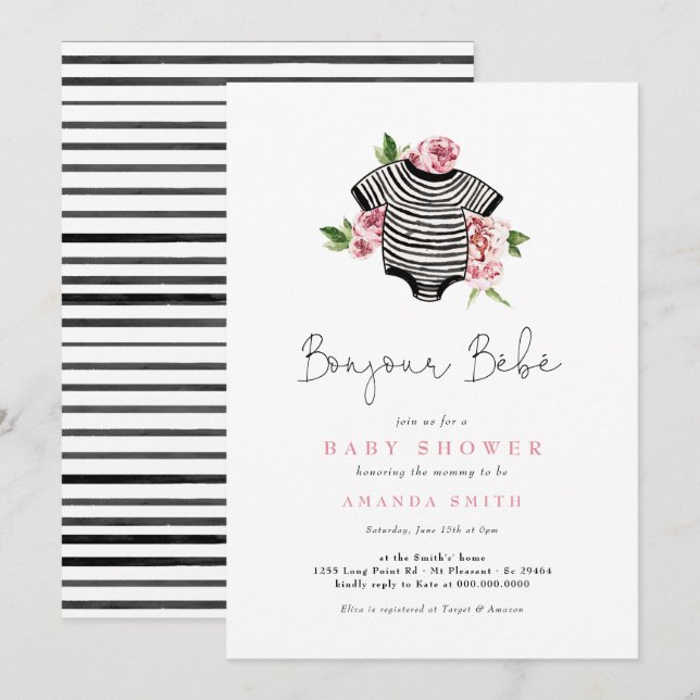 Invitación Bonjour Bebe Paris Flores Francesas Rosadas Baby S (Anverso / Reverso)