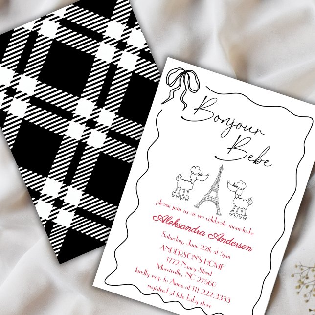 Invitación Bonjour Bebe París Francés Baby Shower Rosa Negro (Subido por el creador)