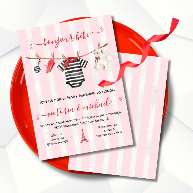 Invitación Bonjour Bebe Paris Francia Clothesline Baby Shower (Subido por el creador)