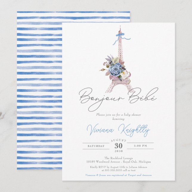 Invitación Bonjour Bebe Paris franja azul Baby Shower (Anverso / Reverso)