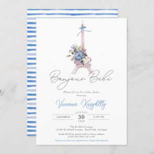 Invitación Bonjour Bebe Paris franja azul Baby Shower