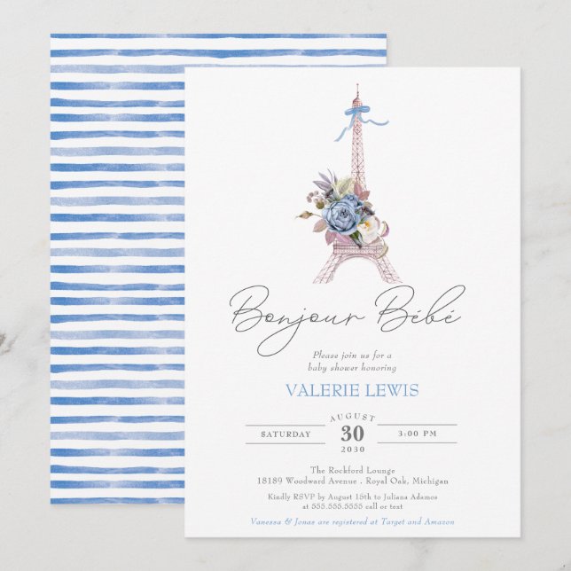 Invitación Bonjour Bebe Paris French Blue Eiffel Baby Shower (Anverso / Reverso)