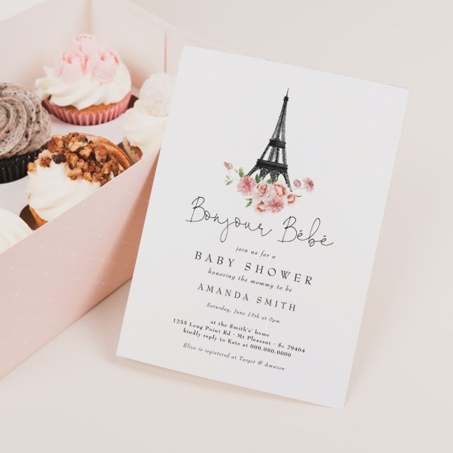 Invitación Bonjour Bebe Paris French Pink Floral Baby Shower (Subido por el creador)
