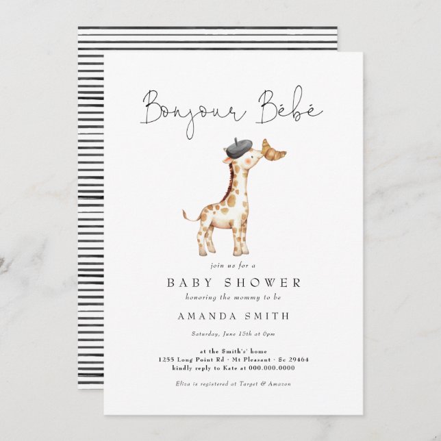 Invitación Bonjour Bebe Paris Giraffe Francesa Baby Shower (Anverso / Reverso)