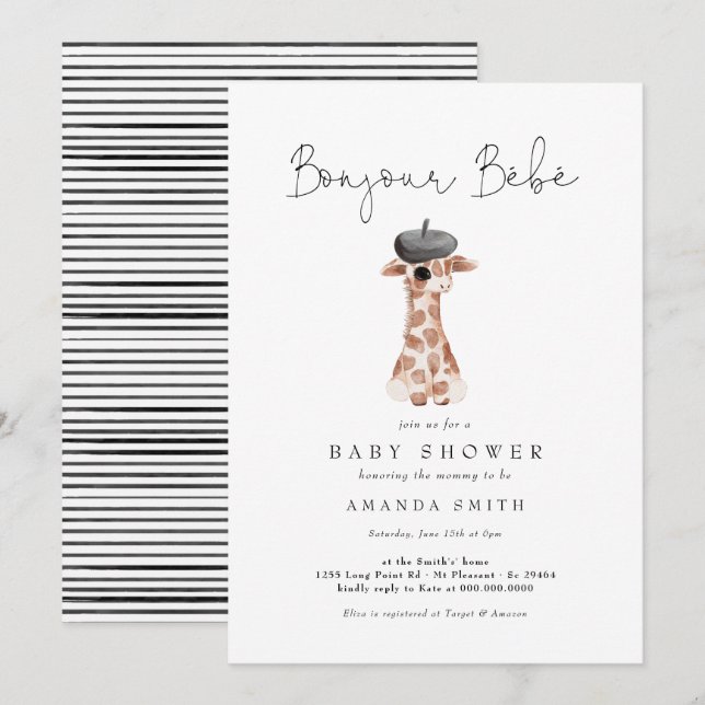Invitación Bonjour Bebe Paris Giraffe Francesa Baby Shower (Anverso / Reverso)