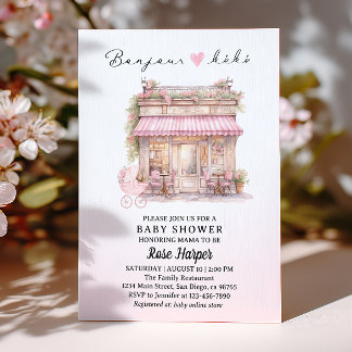 Invitación Bonjour Bebe Parisian Baby Shower Pink French Café