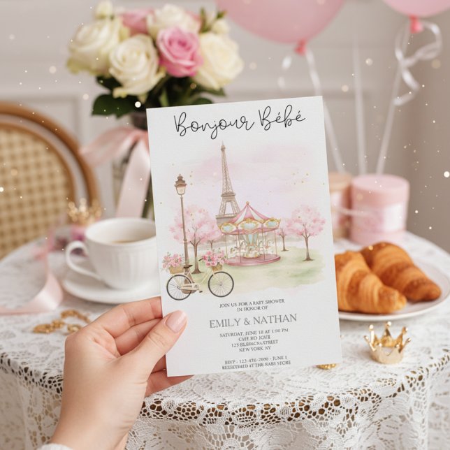 Invitación Bonjour Bebe Parisian café pink eiffel tower girls (Subido por el creador)