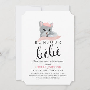 Invitación Bonjour Bebe Pink Beret Cat Chica Baby Shower