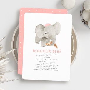 Invitación Bonjour Bébé Pink Beret Elephant Baby Shower