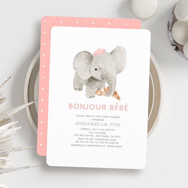 Invitación Bonjour Bébé Pink Beret Elephant Baby Shower (Subido por el creador)