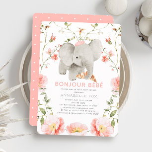 Invitación Bonjour Bébé Pink Beret Elephant Baby Shower