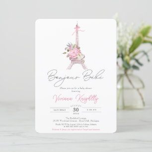 Invitación Bonjour Bebe, Pink Floral Eiffel Paris Baby Shower
