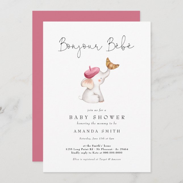 Invitación Bonjour Bebe Pink French Elephant Baby Shower (Anverso / Reverso)