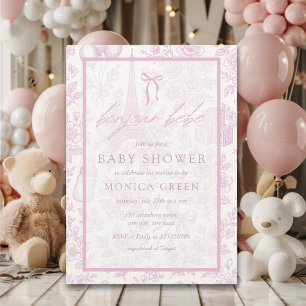 Invitación Bonjour Bebe Pink Toile Chica francés Baby Shower