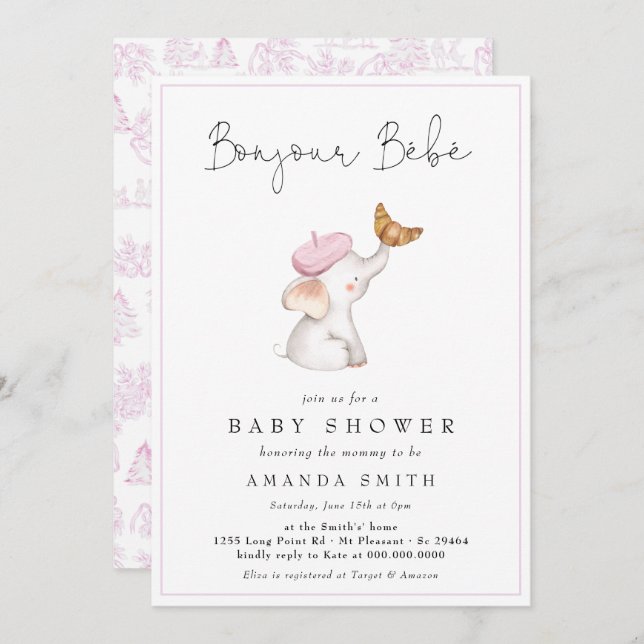 Invitación Bonjour Bebe Romantic Chica Baby Shower (Anverso / Reverso)