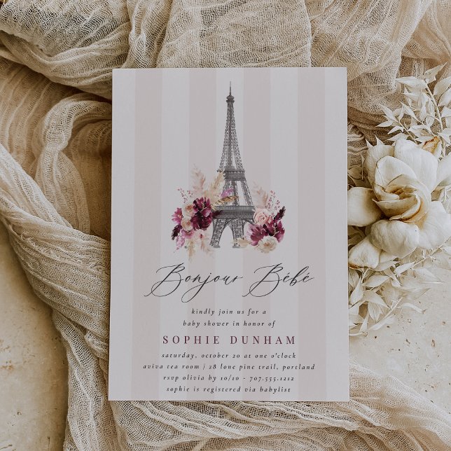 Invitación Bonjour Bébé Rubor Stripe Paris Baby Shower (Subido por el creador)