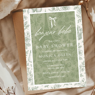 Invitación Bonjour Bebe Sage Green Toile Baby Shower francés