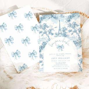 Invitación Bonjour Bebe Toile Azul Lazo Baby shower Francés