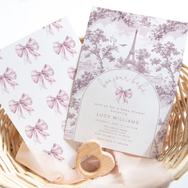 Invitación Bonjour Bebe Toile Pink Bow (Subido por el creador)