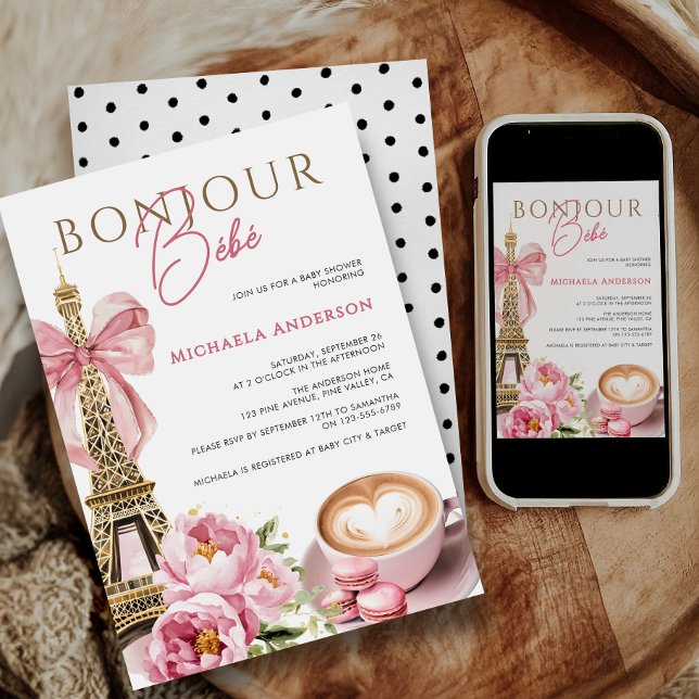 Invitación Bonjour Bébé Watercolor Coquette Bow Baby Shower (Subido por el creador)