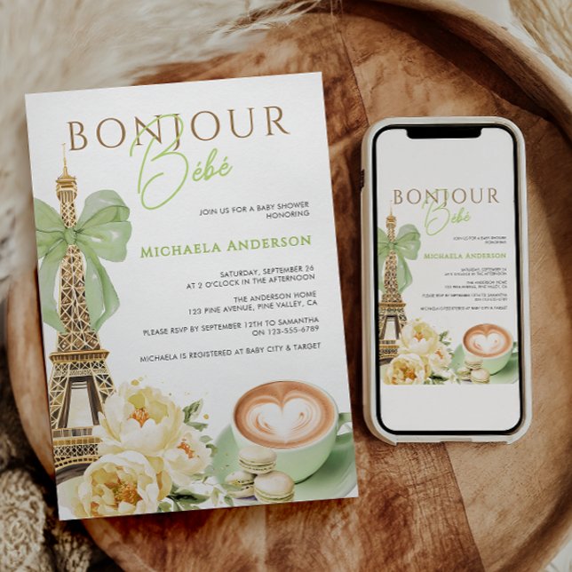 Invitación Bonjour Bébé Watercolor Coquette Bow Baby Shower I (Subido por el creador)