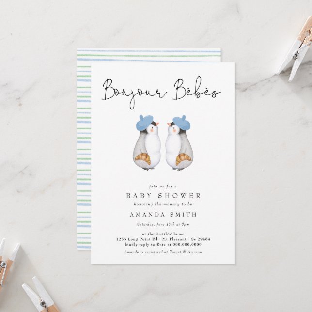 Invitación Bonjour Bebes Baby Shower de mellizos pingüinos fr (Anverso/Reverso In Situ)