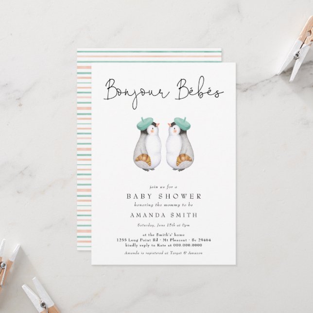 Invitación Bonjour Bebes Baby Shower de mellizos pingüinos fr (Anverso/Reverso In Situ)