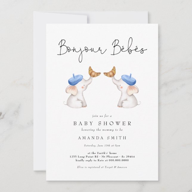 Invitación Bonjour Bébés Elephant Boy Shower Toile (Anverso)