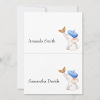Bonjour French Gingham Blue Baby Shower Place Card