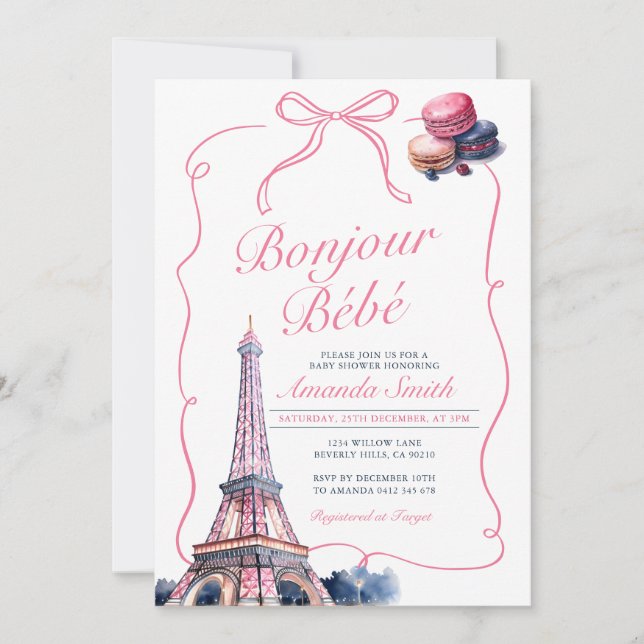 Invitación Bonjour Pink Bow Café Francés Parisino Baby Shower (Anverso)
