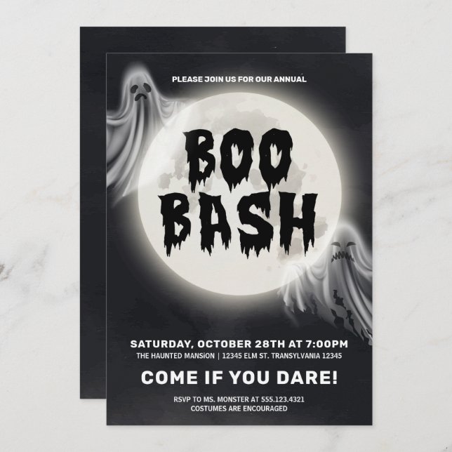 Invitación Boo Bash, fiesta de Halloween (Anverso / Reverso)