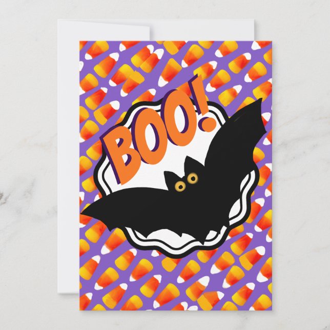 Invitación Boo Black Bats Candy Corn Personalizado Halloween (Anverso)