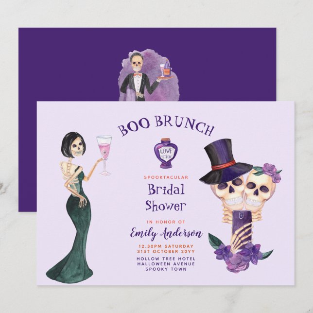 Invitación BOO BRUNCH Bridal Shower Purple Naranja Halloween (Anverso / Reverso)