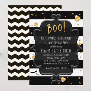 Invitación ¡BOO! Caramelo de Halloween a rayas negras y blanc