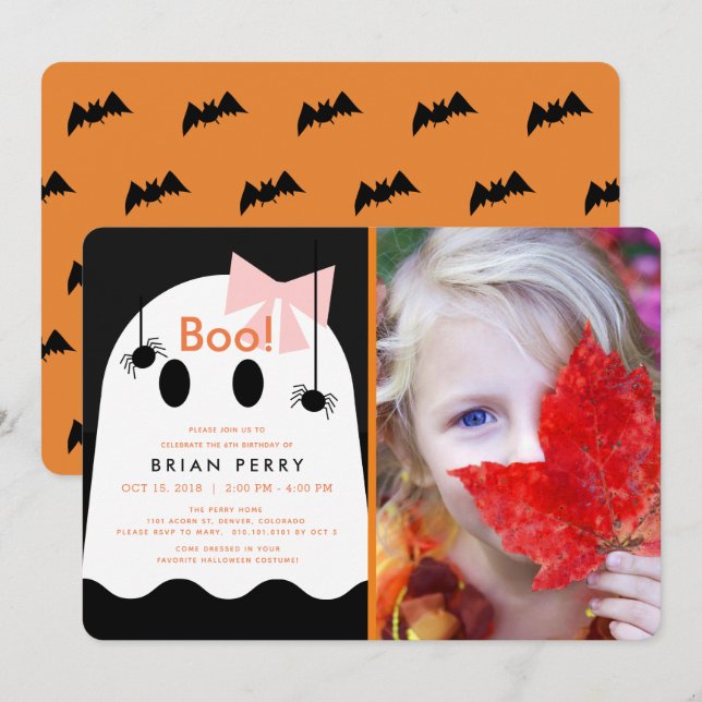 Invitación ¡Boo! Chica fantasma de Halloween Fotomía Cuta Cum (Anverso / Reverso)