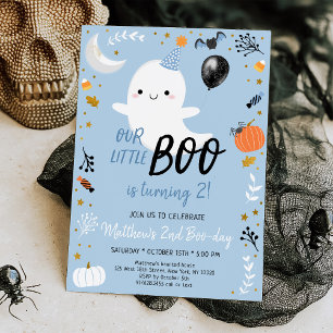 Invitación Boo convirtiendo dos fantasmas azules en cumpleaño