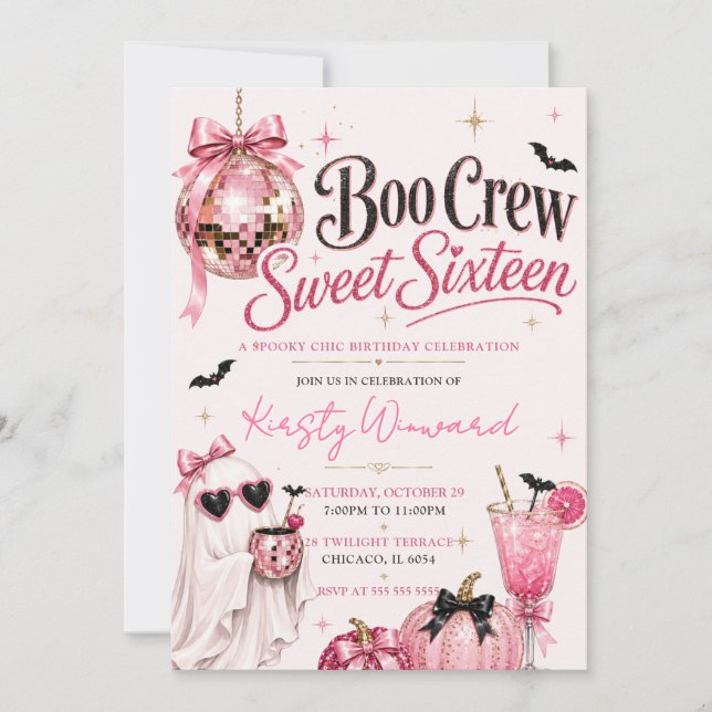 Invitación Boo Crew Spooky Chic Cumpleaños Dieciséis (Anverso)