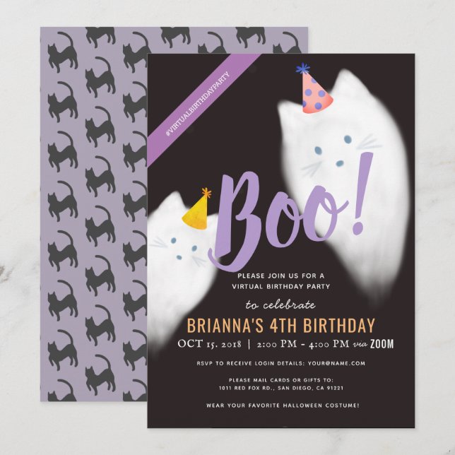 Invitación ¡Boo! Cumpleaños Virtual del Gato Fantasma de Hall (Anverso / Reverso)