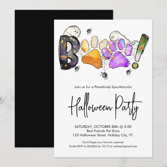 Invitación Boo Cute Mascota Paw imprime la fiesta de Hallowee (Anverso / Reverso)