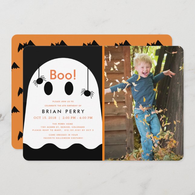 Invitación ¡Boo! Fantasma de Halloween y foto de arañas Cumpl (Anverso / Reverso)