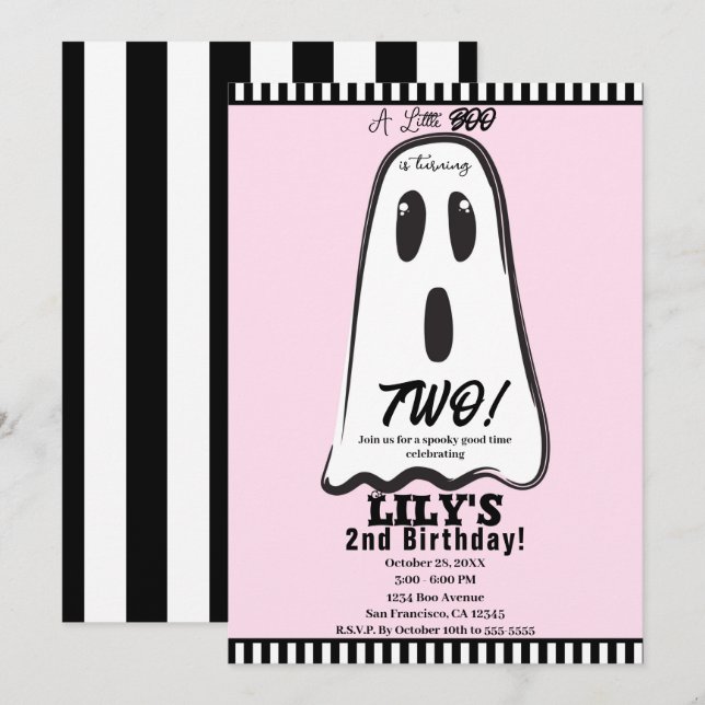 Invitación ¡BOO! Fantasma Rosa Espeluznante y Lindo Cumpleaño (Anverso / Reverso)