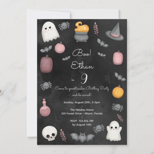 Invitación ¡Boo! Fiesta de cumpleaños de niños en Spooktacula (Anverso)